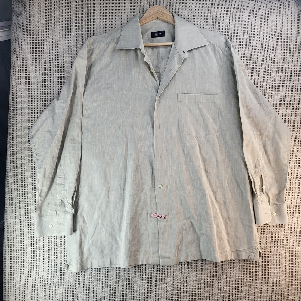 BOSS Hugo Boss Shirt Mens 16.5 32/33 Beige Long Sleeve Button Up Cotton Pocket